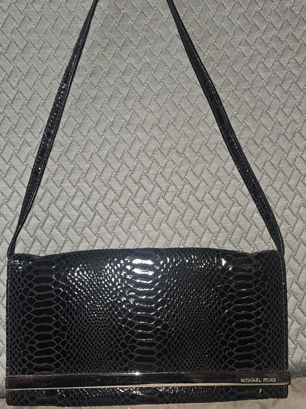 Michael Kors Black Snake-Embossed Clutch Evening Bag with Silver Bar
